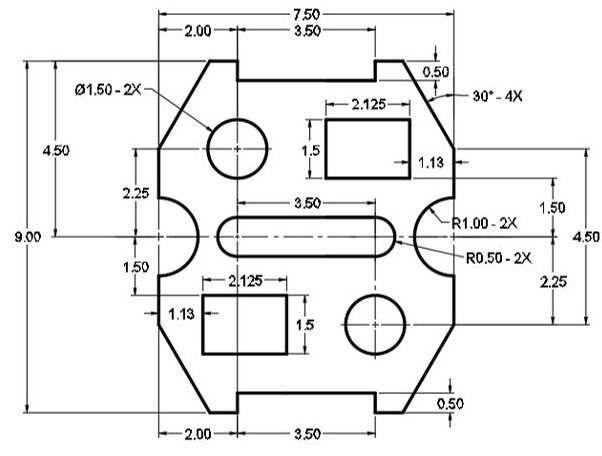 Technical 2D dimensioned drawing — insert geometry with measurements