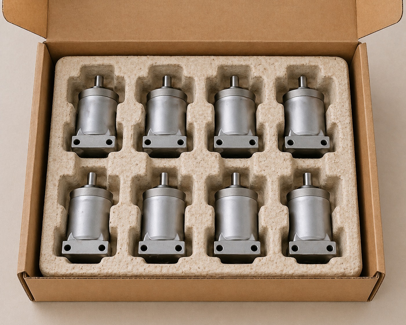 Eight precision metal components seated in a molded mycelium tray inside a carton