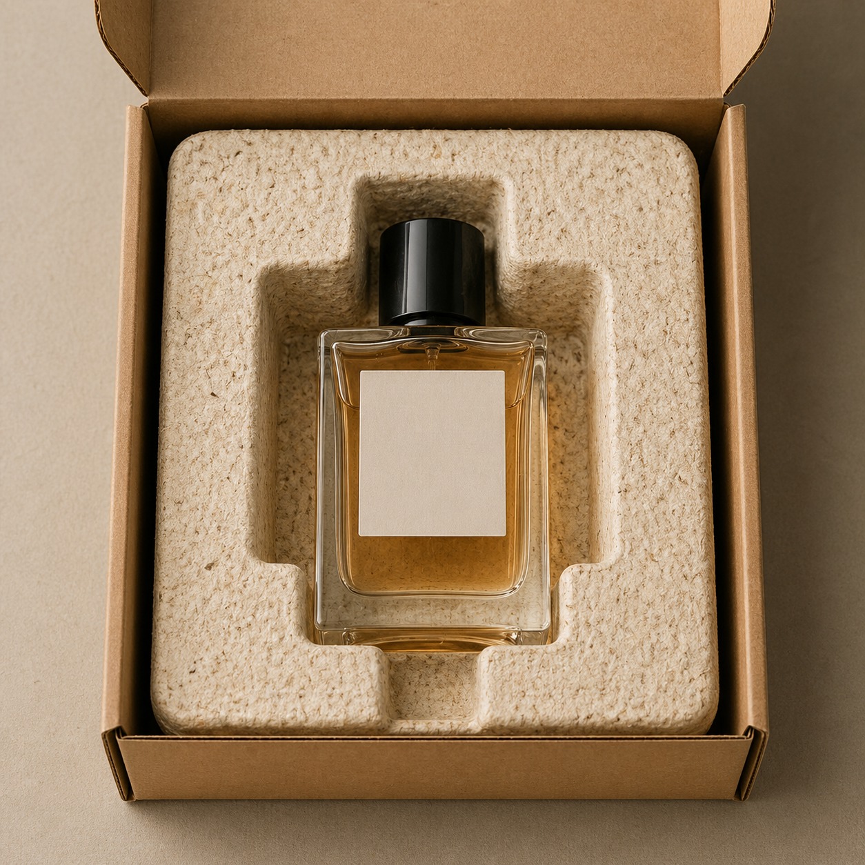 Glass perfume bottle nested in a precision-molded mycelium cavity