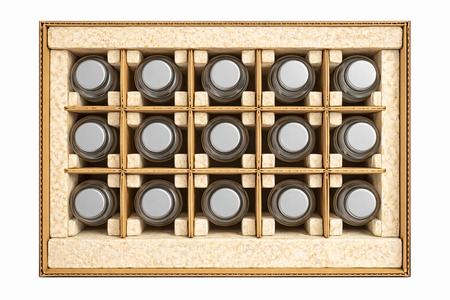 Top-down view of a kraft carton with fifteen glass bottles cushioned by strip-based mycelium dividers